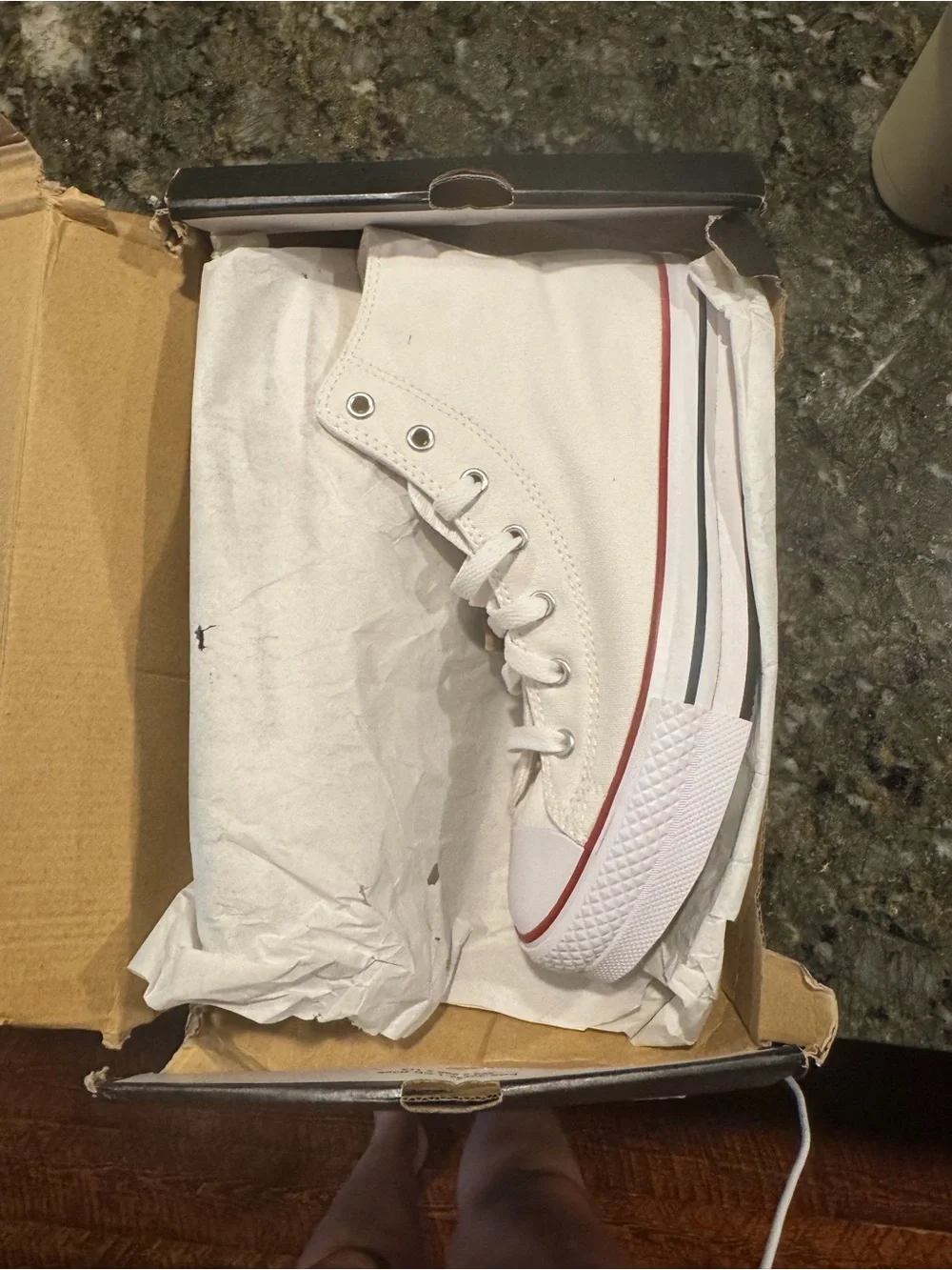 Converse Kids White High Top Sneakers with Red Trim